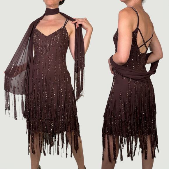 Sue Wong beaded sequin fringe slip dress cocktail gown matching scarf brown 4 - Picture 1 of 17